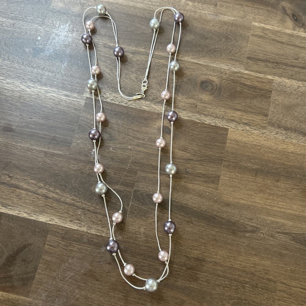 Vintage RMN Silver Tone Double Strand Purple Pink Silver Faux Pearl Necklace